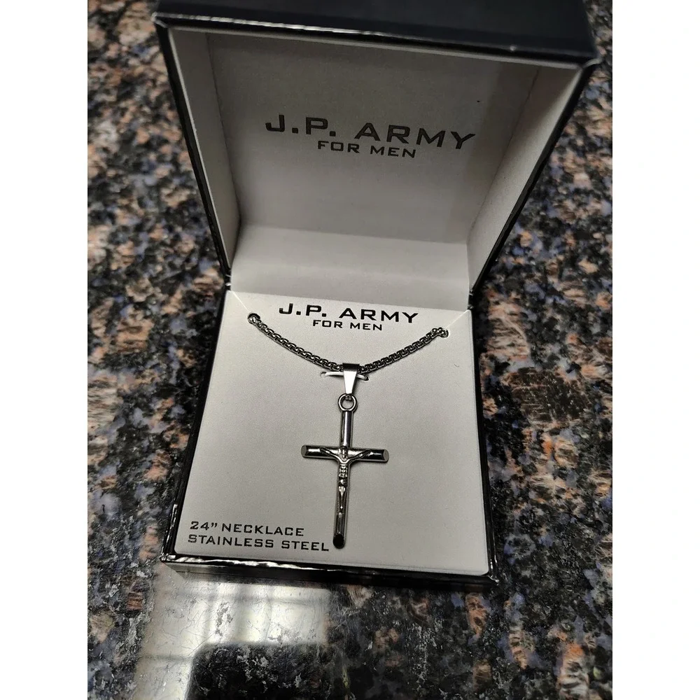 JP Army For Men Stainless Steel Crucifix Cross Pendant Necklace 24 Inch Chain